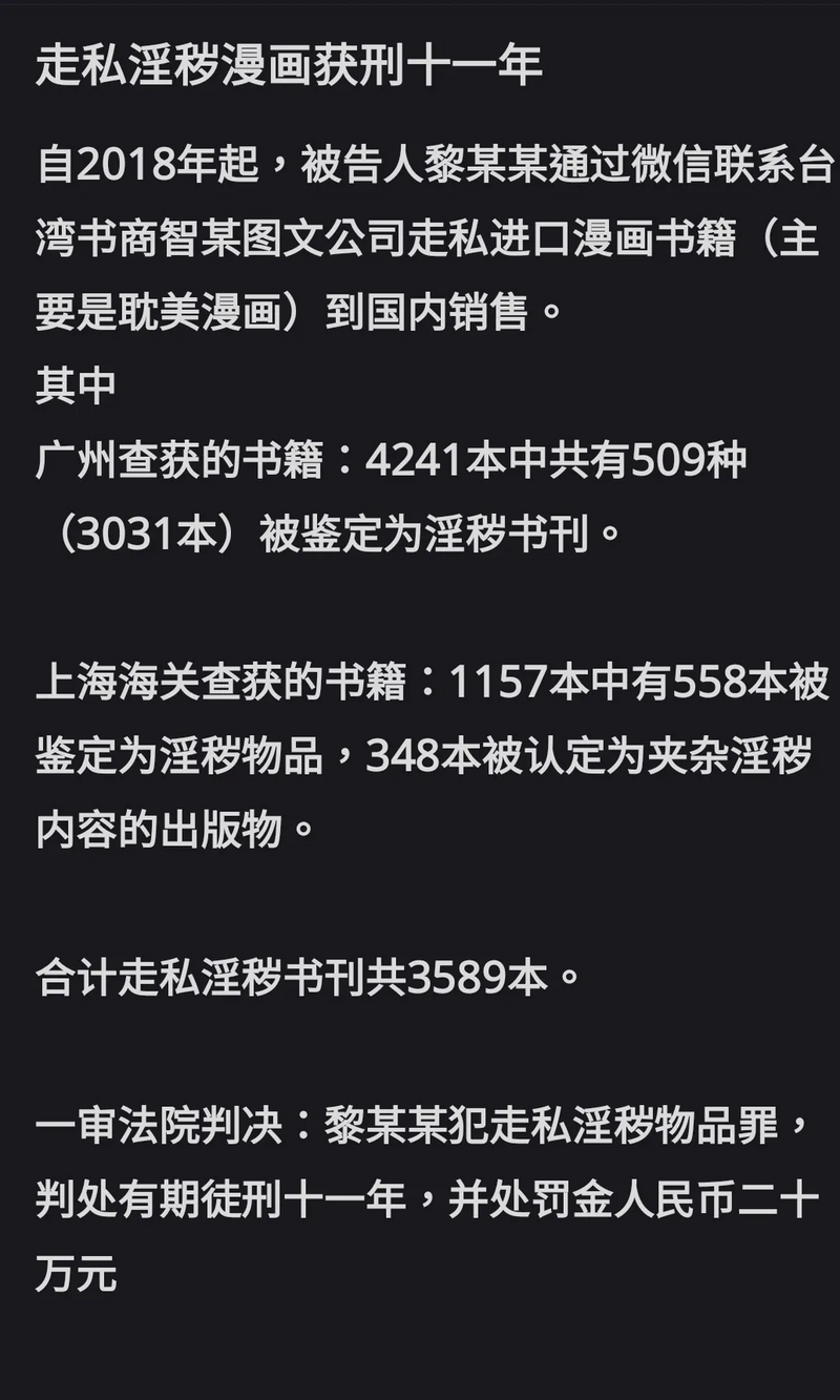 有网友查到,中国有代购因「走私」耽美漫画,遭判刑11年有期徒刑,并处20万人民币罚金。(图撷取自社群平台「Threads」) 有网友查到,中国有代购因「走私」耽美漫画,遭判刑11年有期徒刑,并处20万人民币罚金。(图撷取自社群平台「Threads」)